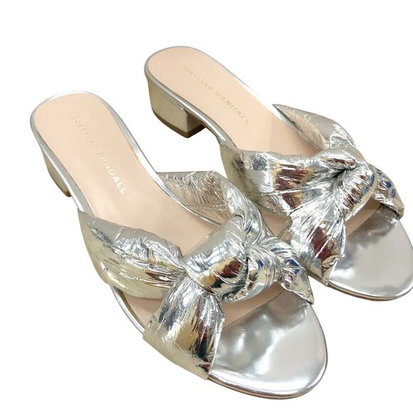 Loeffler Randall Sandals Womens 5.5 B Metallic Silver Knot Slide Low Block Heel - Picture 1 of 12